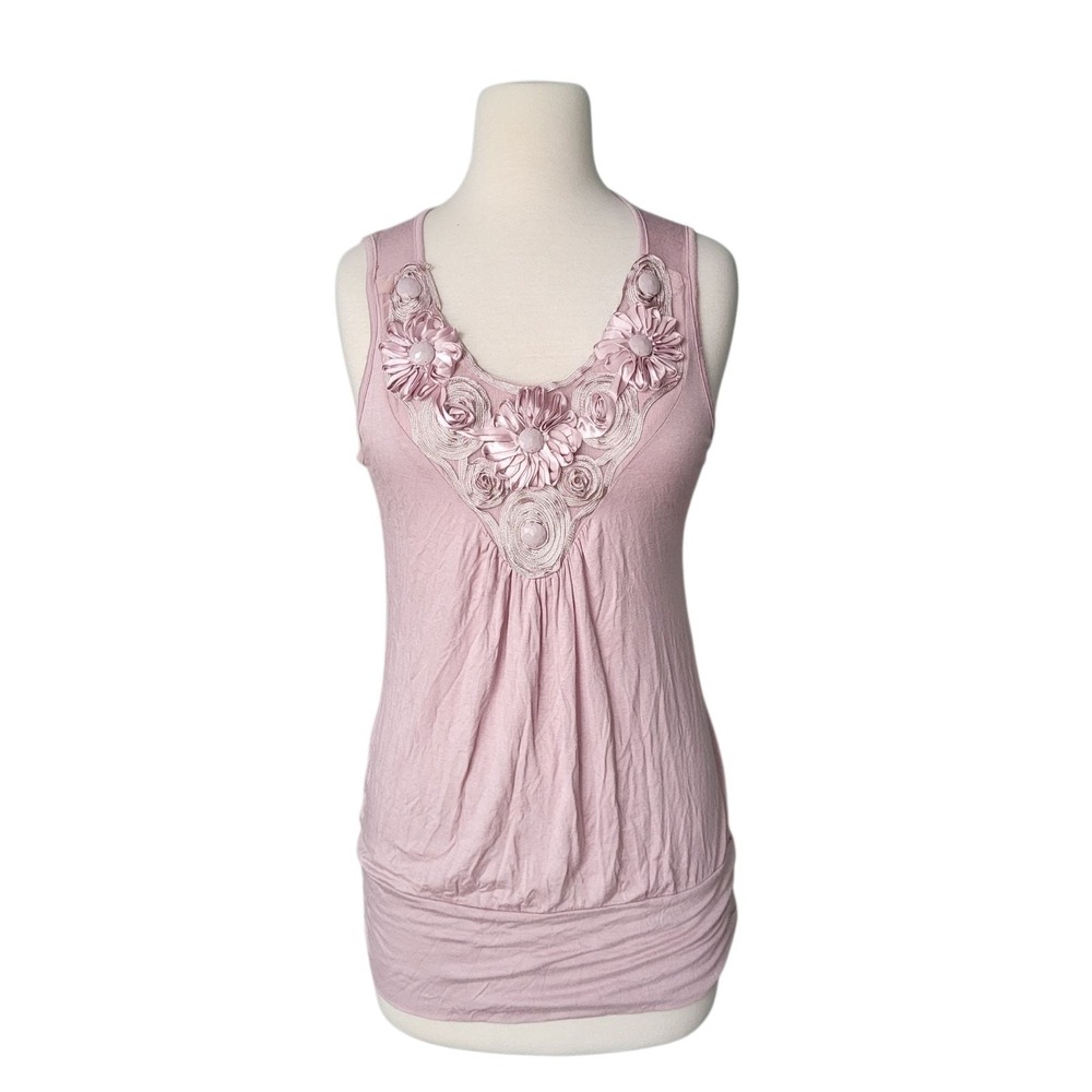 Vintage Womens Dusty Rose 3D Floral‎ Rosette Bubble Hem Tank Top L Y2K Coquette